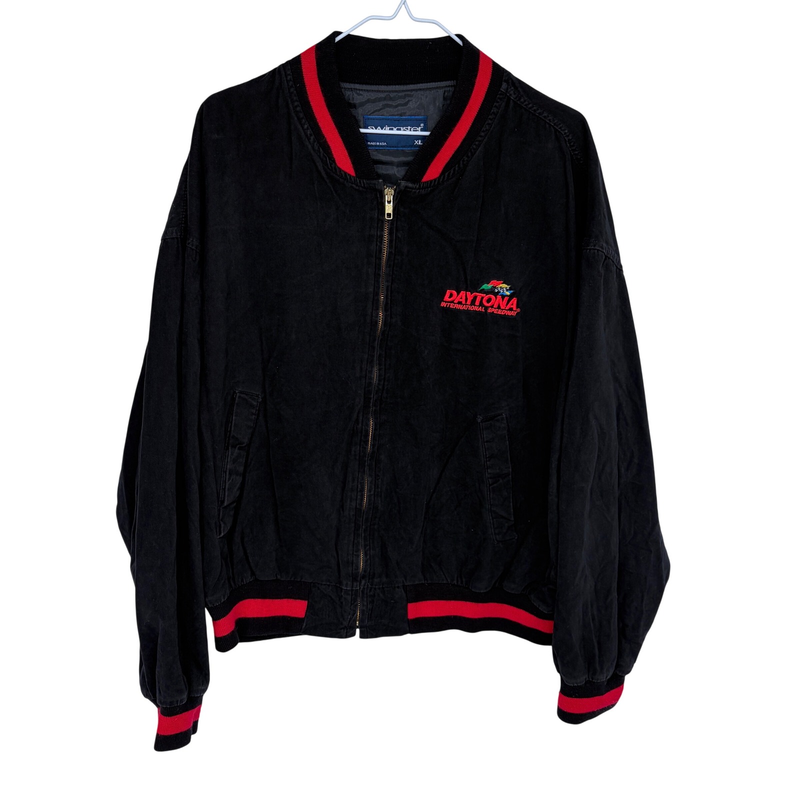 Vintage Daytona Speedway Bomber Jacket Mens Xl Swingster Black Red Nascar Racing